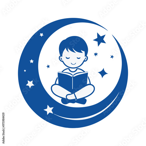 Serene vector of boy reading on a crescent moon, surrounded by stars, evoking calm and wonder.
