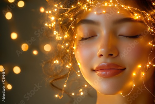 Woman with eyes closed surrounded by golden light particles representing calm serenity and mindfulness amidst an abstract flow of energy