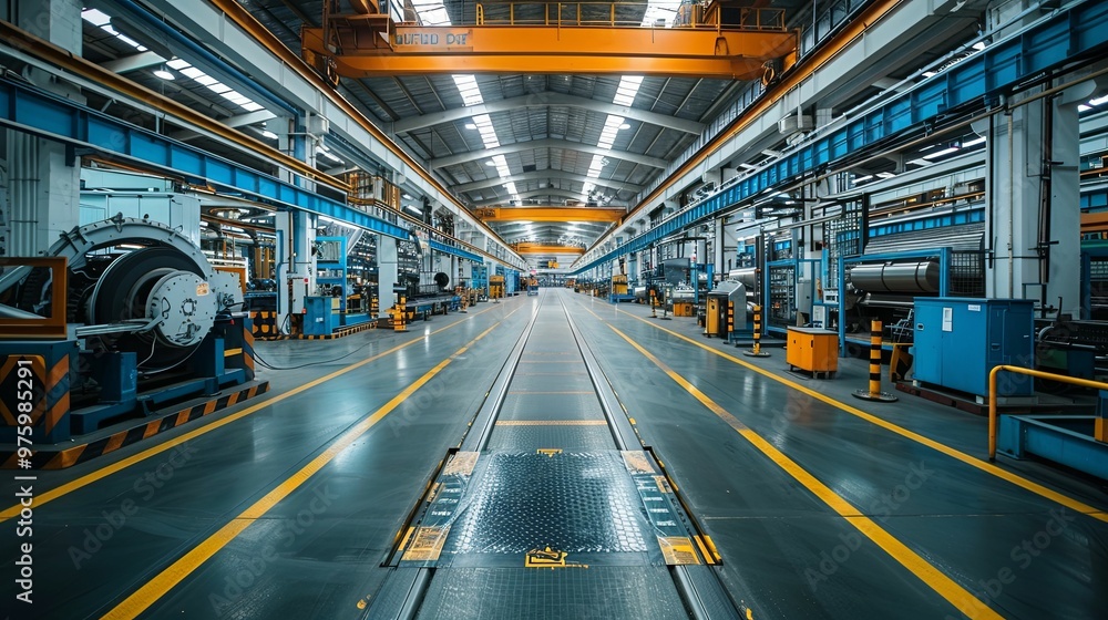 Industrial Factory Interior with Machinery and Yellow Lines Industrial Factory Interior with Machinery and Yellow Lines