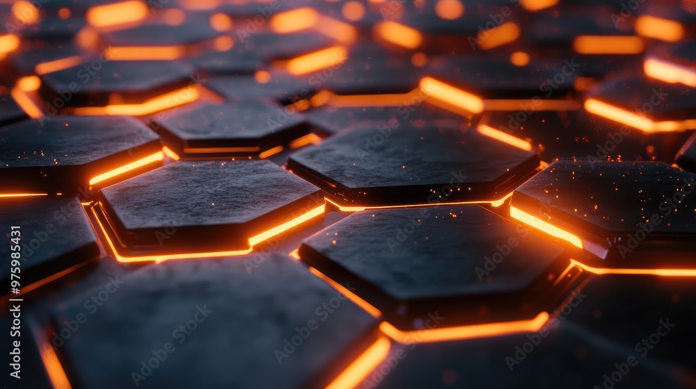 Glowing hexagons expanding outward, forming a honeycomb pattern in a futuristic grid. Glowing hexagons expanding outward, forming a honeycomb pattern in a futuristic grid.
