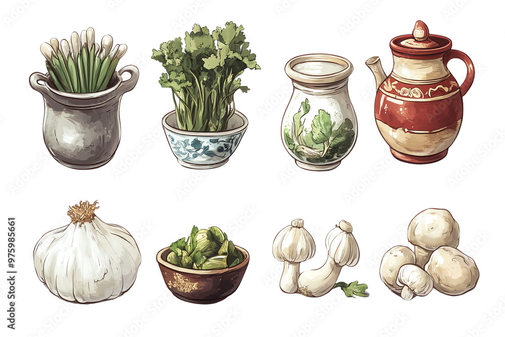 A vibrant collection of fresh herbs and vegetables in various containers, perfect for culinary themes and food illustrations. A vibrant collection of fresh herbs and vegetables in various containers, perfect for culinary themes and food illustrations.