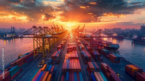 Cargo Containers At Sunset In A Busy Harbor