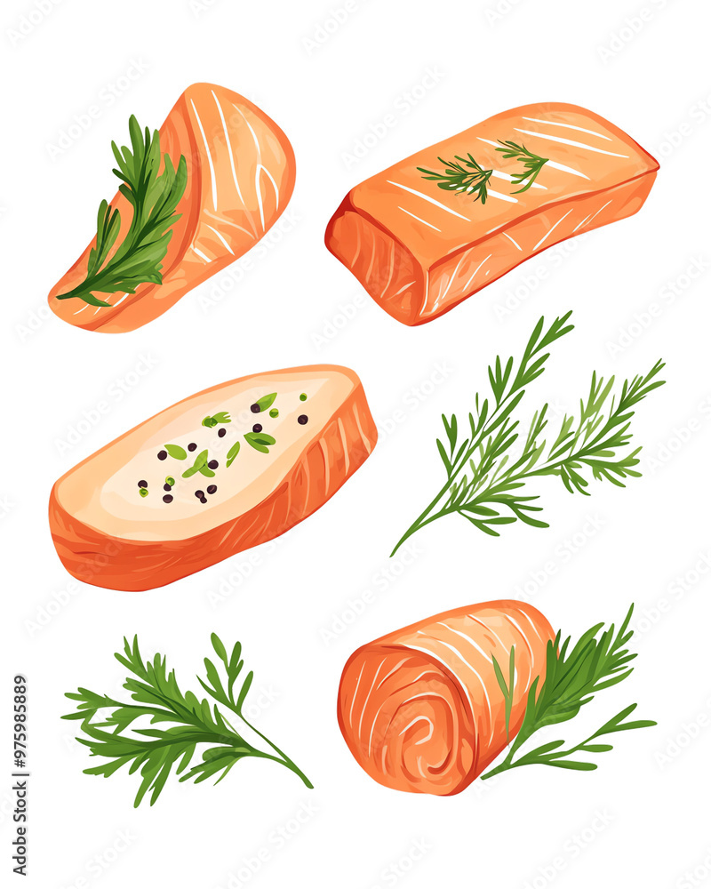 Fresh salmon fillets garnished with herbs, perfect for healthy meal preparation, culinary art, or seafood recipes. Fresh salmon fillets garnished with herbs, perfect for healthy meal preparation, culinary art, or seafood recipes.