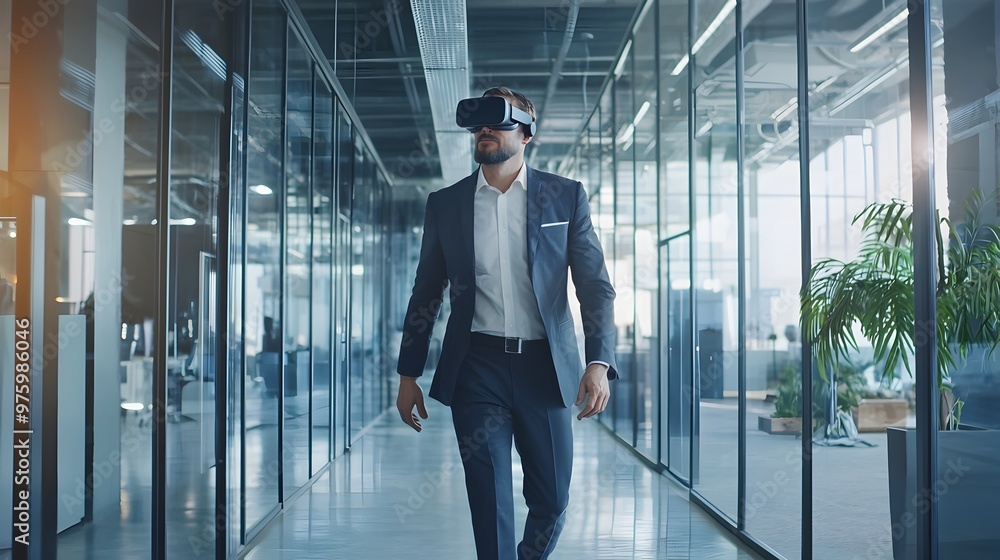 Executive Navigating Immersive Virtual Corporate Office Environment Executive Navigating Immersive Virtual Corporate Office Environment