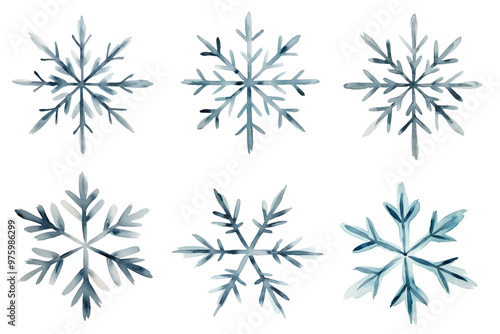 Set of hand drawn watercolor snowflakes. Winter snowflake watercolor collection