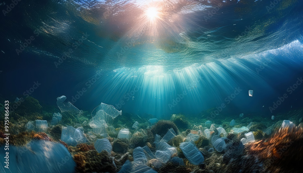 Fototapeta premium Ocean Pollution and Hope – Surreal Plastic Waste Visualization
