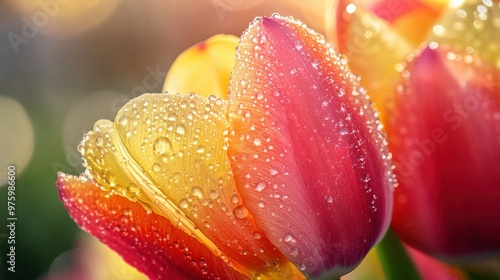 A close-up of a tulip vivid petals, with raindrops glistening in the sunlight