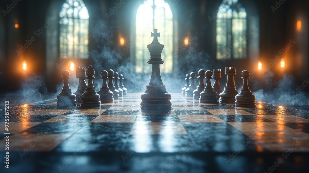 A dramatic chess scene with pieces set for a strategic game. A dramatic chess scene with pieces set for a strategic game.