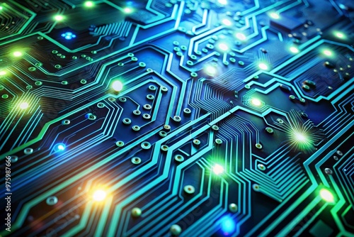 Close-Up Circuit Board with Glowing Electronic Pathways – Futuristic Technology Engineering