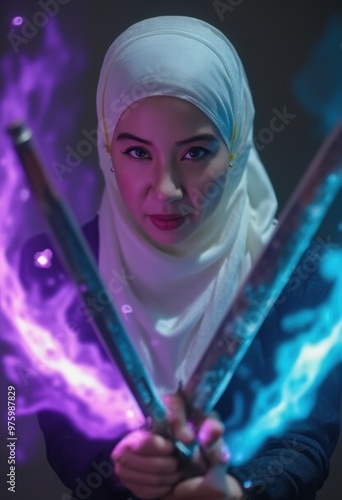 Warrior Woman in Hijab Holding Flaming Swords photo