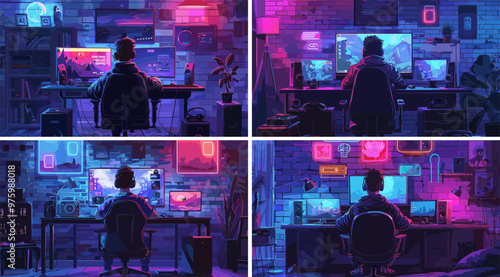 Youthful boy gamer cartoon vector illustrations. Teen sitting chair headphones screens pc joystick keyboard monitors playing glowing signs arcade back view character, dark interior scenes