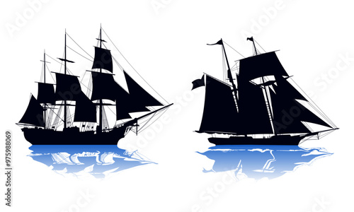 Silhouette image of a sailboat in the ocean. Suitable for design elements from sailing and sea adventures. Vector pirate ship.