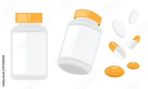 Supplements bottle, Plastic jar, Capsules, Softgel and Pills. Flat vector illustrations isolated on white background 