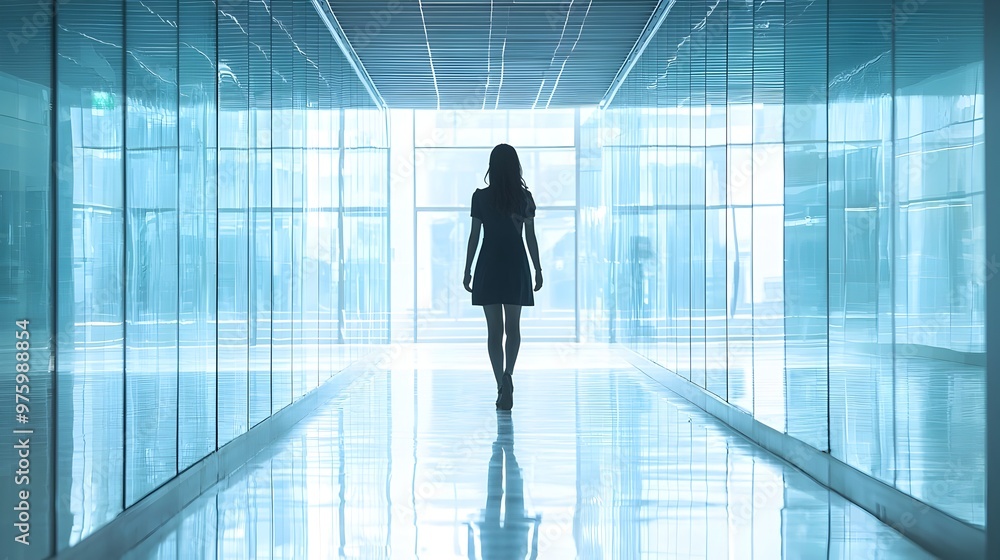 Confident Businesswoman Strides Through Modern Glass-Walled Office Corridor Confident Businesswoman Strides Through Modern Glass-Walled Office Corridor