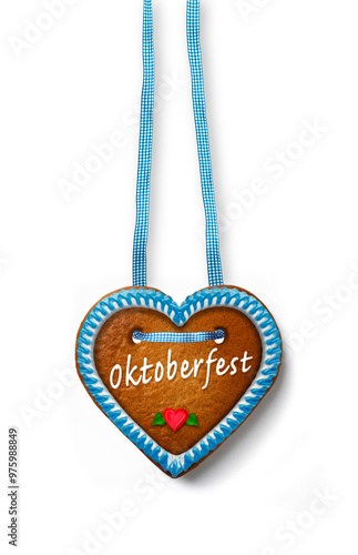 Oktoberfest Lebkuchenherz mit Blauem Rand isoliert auf weissem Hintergrund