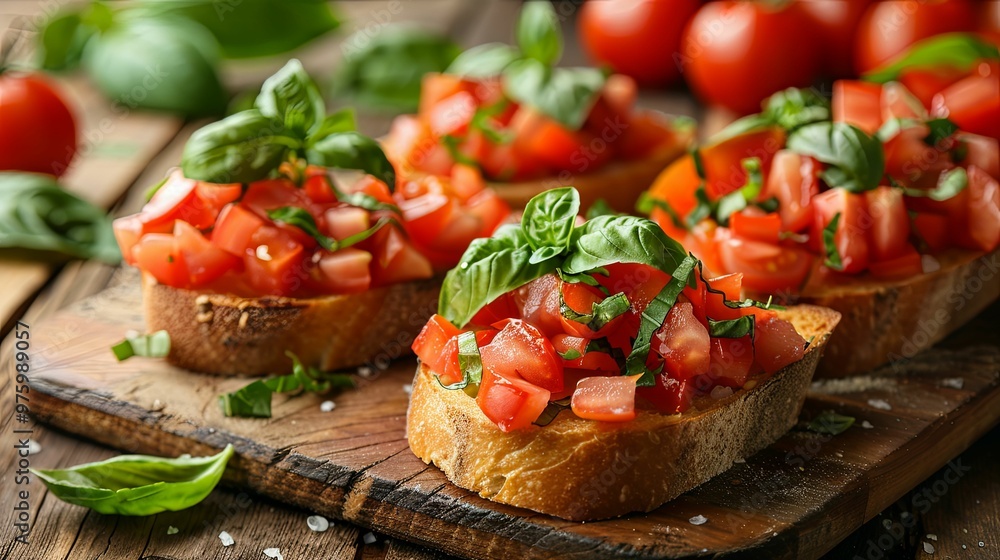 Fresh Tomato and Basil Bruschetta on a Rustic Wooden Board Fresh Tomato and Basil Bruschetta on a Rustic Wooden Board