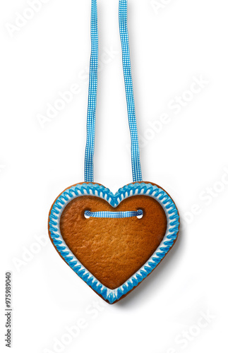 Oktoberfest Lebkuchenherz mit Blauem Rand isoliert auf weissem Hintergrund