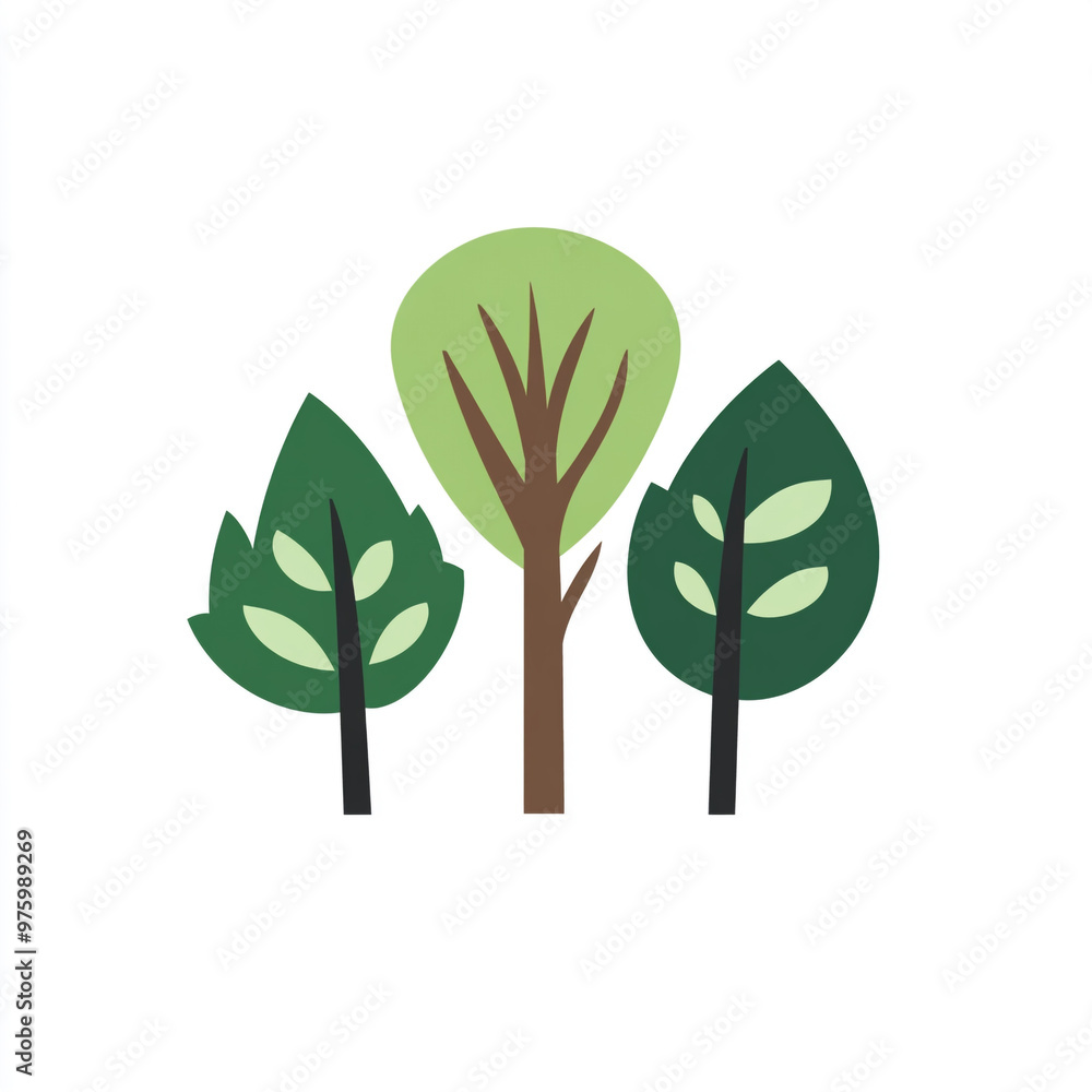 Logo design featuring simple shapes of trees and tree trunks, in green colors on a white background. Logo design featuring simple shapes of trees and tree trunks, in green colors on a white background.