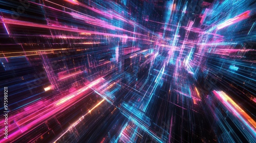 Wallpaper Mural Pulsating neon light beams weaving into a complex grid of geometric forms. Torontodigital.ca