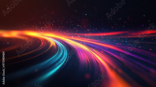 Pulsing waves of colored light sweeping across a black void, forming an abstract path.