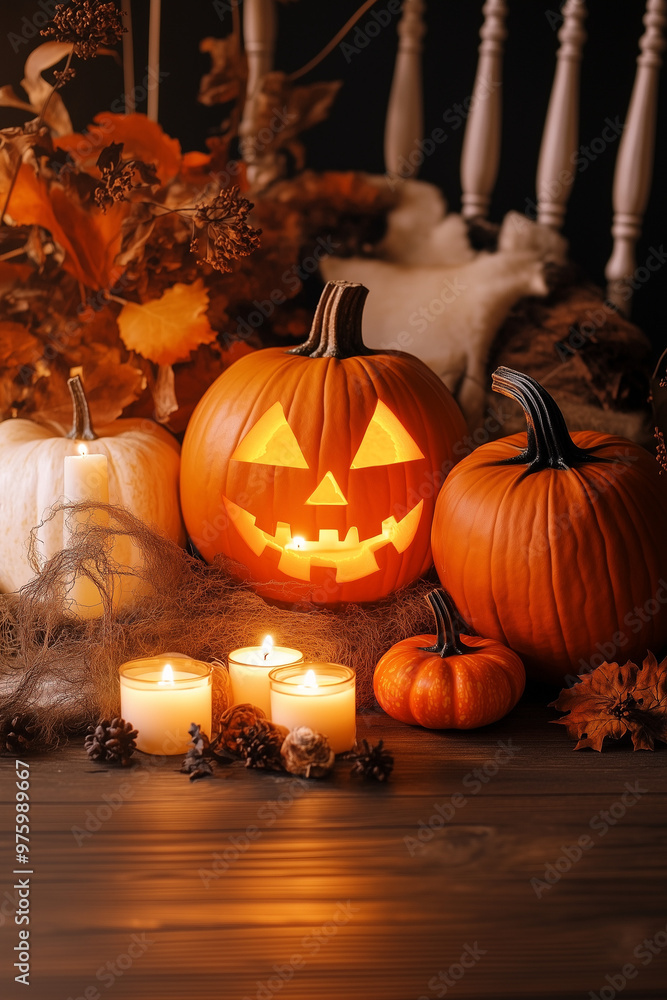 Obraz premium Carved pumpkins, flickering candles, and rustic autumn décor set the scene for a spooky Halloween atmosphere in Pumpkin Orange, Creamy White, and Espresso Brown tones.