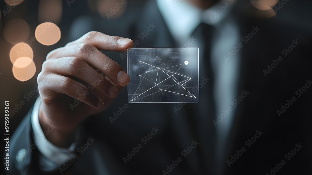 Businessman's Hand Holding Transparent Business Card with Digital Details for Modern Networking Businessman's Hand Holding Transparent Business Card with Digital Details for Modern Networking