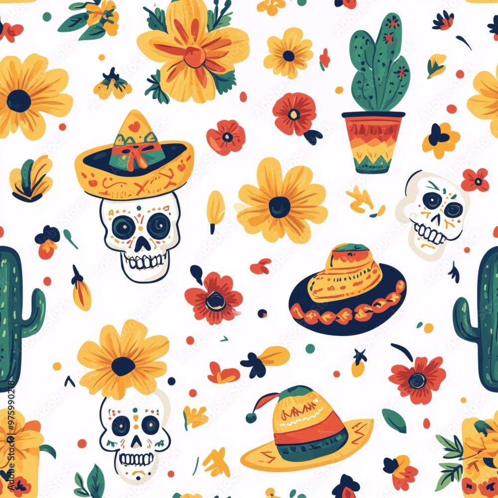 Seamless pattern with skulls, marigolds, sombreros, and Day of the Dead symbols on white background, flat lay illustration Seamless pattern with skulls, marigolds, sombreros, and Day of the Dead symbols on white background, flat lay illustration
