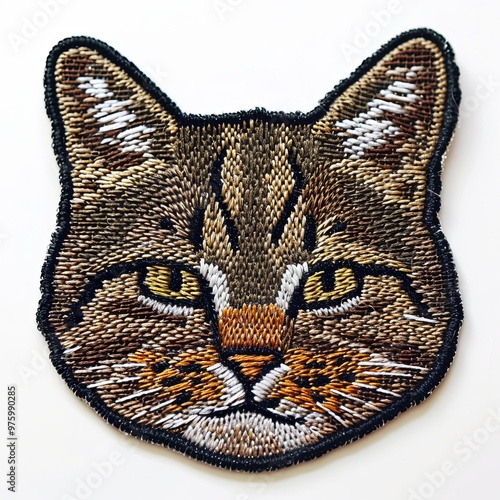 Needlepoint embroidery iron on patch of a cat face, isolated on white.
