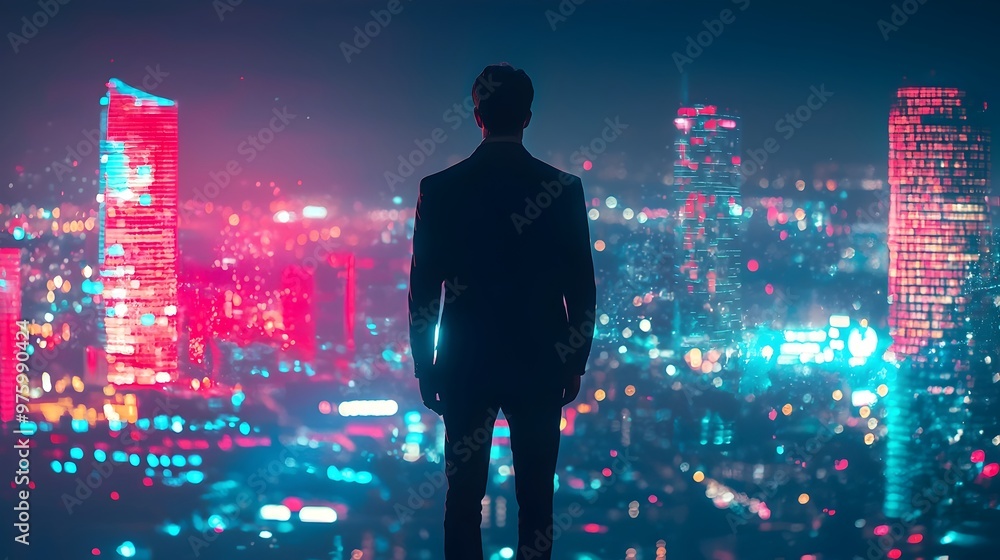 Fototapeta premium Silhouette of Businessman with Neon Digital Overlays Against Cityscape,Future Business Vision