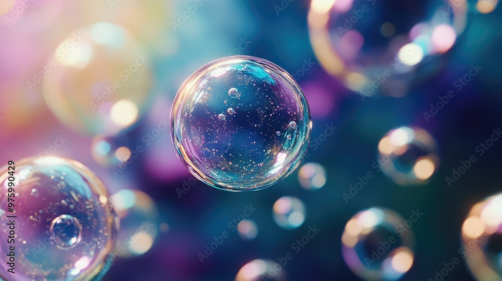 Shimmering, translucent bubbles floating in space with rainbow reflections. Shimmering, translucent bubbles floating in space with rainbow reflections.