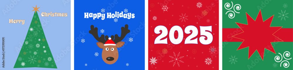 Merry Christmas and New Year 2025 Card Set, Square Poster, Holiday Cover, for Advertising, Sales, Print, Season Cards Merry Christmas and New Year 2025 Card Set, Square Poster, Holiday Cover, for Advertising, Sales, Print, Season Cards