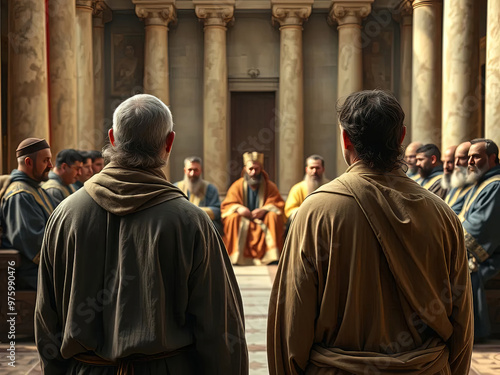 Gospel Images from the Bible NT - Peter and John stand trial before the Sanhedrin defending miracle of healing lame man photo