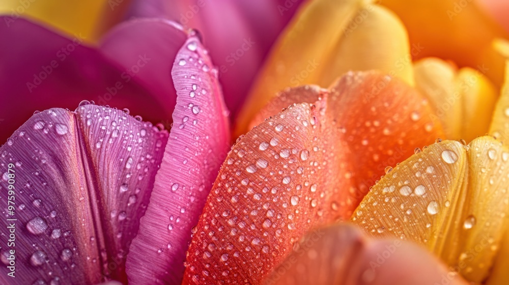 A close-up of tulip petals covered in morning dew, showcasing their vibrant color and delicate texture A close-up of tulip petals covered in morning dew, showcasing their vibrant color and delicate texture