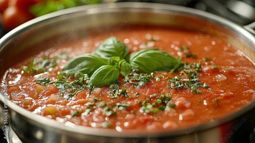 Close-up of Tomato Basil Soup with Fresh Herbs in a Stainless Steel Pot Close-up of Tomato Basil Soup with Fresh Herbs in a Stainless Steel Pot