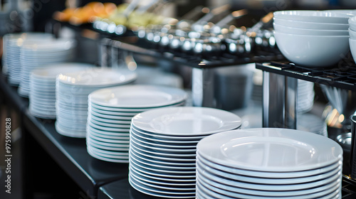 Neatly stacked white plates and bowls arranged on a counter in a restaurant buffet, with food stations in the background, showcasing cleanliness and organization.