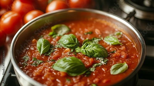 Fresh basil on a pot of homemade tomato sauce