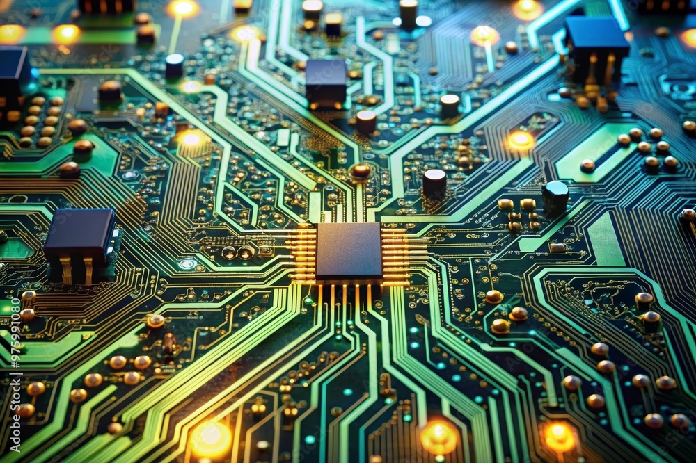Closeup of Detailed Circuit Board with Complex Pathways in Modern Electronics Closeup of Detailed Circuit Board with Complex Pathways in Modern Electronics
