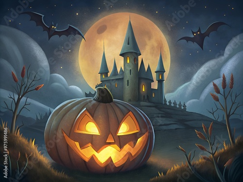 illustration of  halloween pumpkin with candle light inside with black bat and castle.