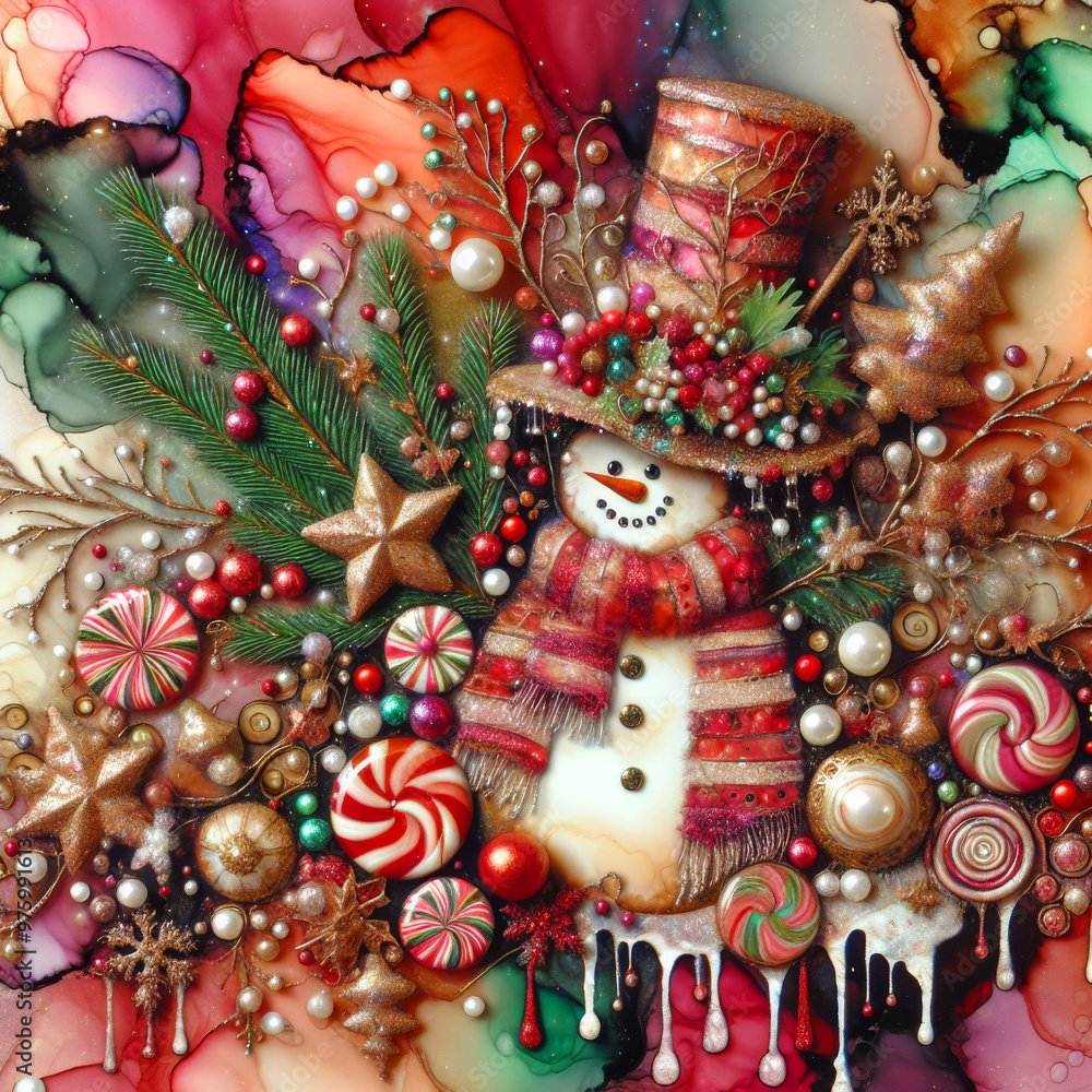 Christmas decoration background, pearls, snowman, fir and candy Christmas decoration background, pearls, snowman, fir and candy
