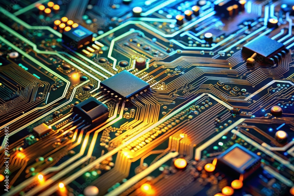 Closeup of Detailed Circuit Board with Complex Pathways in Modern Electronics Closeup of Detailed Circuit Board with Complex Pathways in Modern Electronics