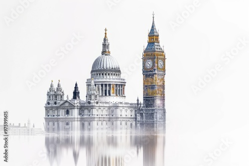 A beautiful view of St Pauls Cathedral and Big Ben in London. This illustration captures the essence of iconic landmarks. A stunning piece of art and culture. Generative AI photo