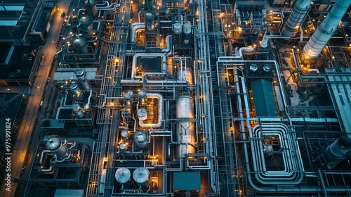 Aerial View of an Illuminated Industrial Complex at Night