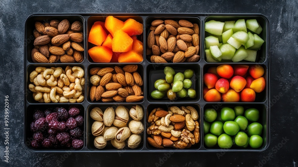 A healthy snack box filled with nuts, fruits, and veggies, promoting the habit of mindful snacking. A healthy snack box filled with nuts, fruits, and veggies, promoting the habit of mindful snacking.
