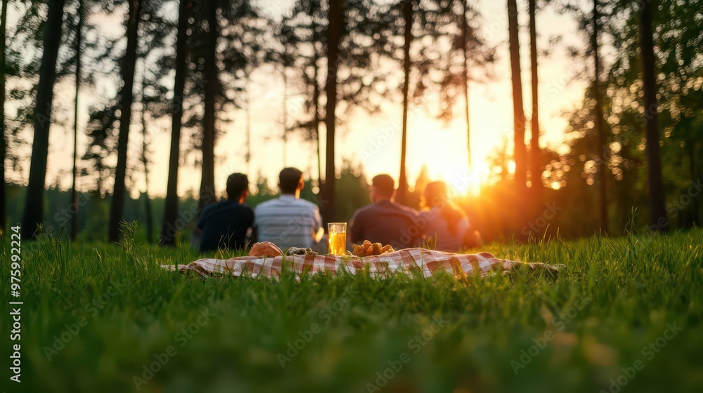 A group of friends having a picnic in a forest clearing, with trees providing shade from the midday sun picnic, forest, tree interaction A group of friends having a picnic in a forest clearing, with trees providing shade from the midday sun picnic, forest, tree interaction