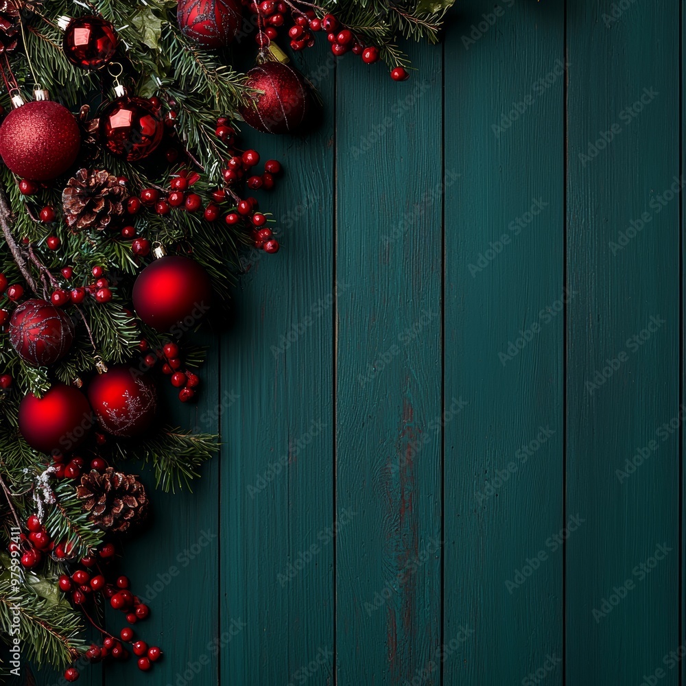 Christmas Ornament and Pine Branch on Teal Wood Background Christmas Ornament and Pine Branch on Teal Wood Background