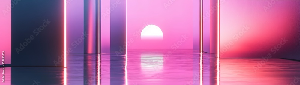 A serene sunset scene with vibrant pink hues reflecting off a glossy surface, framed by modern structures and glowing lights. A serene sunset scene with vibrant pink hues reflecting off a glossy surface, framed by modern structures and glowing lights.