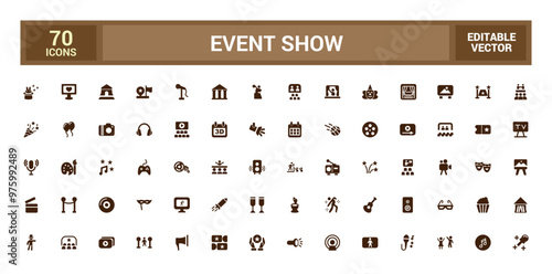 Event show solid icon set. Live media movie event stage icons collections, glyph for web and ui. Filled icon pack, editable stroke. Vector illustration.