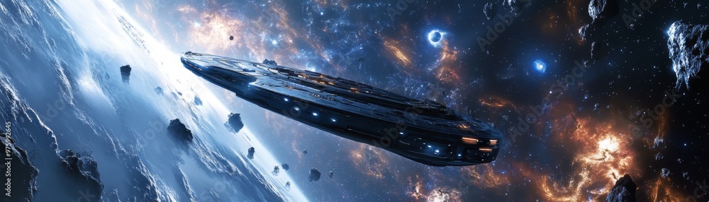 A stunning space scene featuring a futuristic spaceship gliding through a cosmic landscape filled with stars and asteroids. A stunning space scene featuring a futuristic spaceship gliding through a cosmic landscape filled with stars and asteroids.