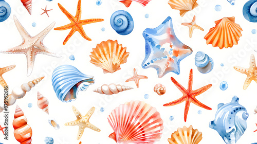 A seamless pattern featuring various colorful seashells, starfish, and blue accents, perfect for marine or beach-themed designs and summer projects.