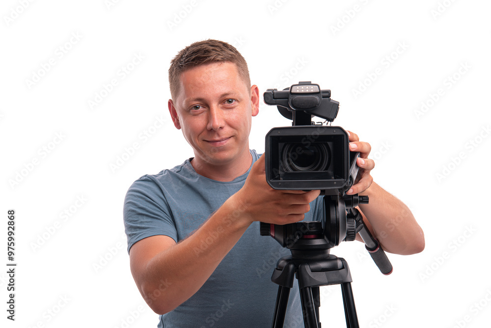 Male videographer with video camera isolated on white background.